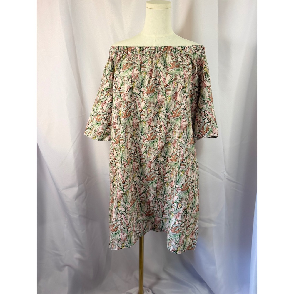 H&M Off Shoulder Tropical Leaf Flutter Sleeve Beach Mini Dress Sz8 Tiki vacation